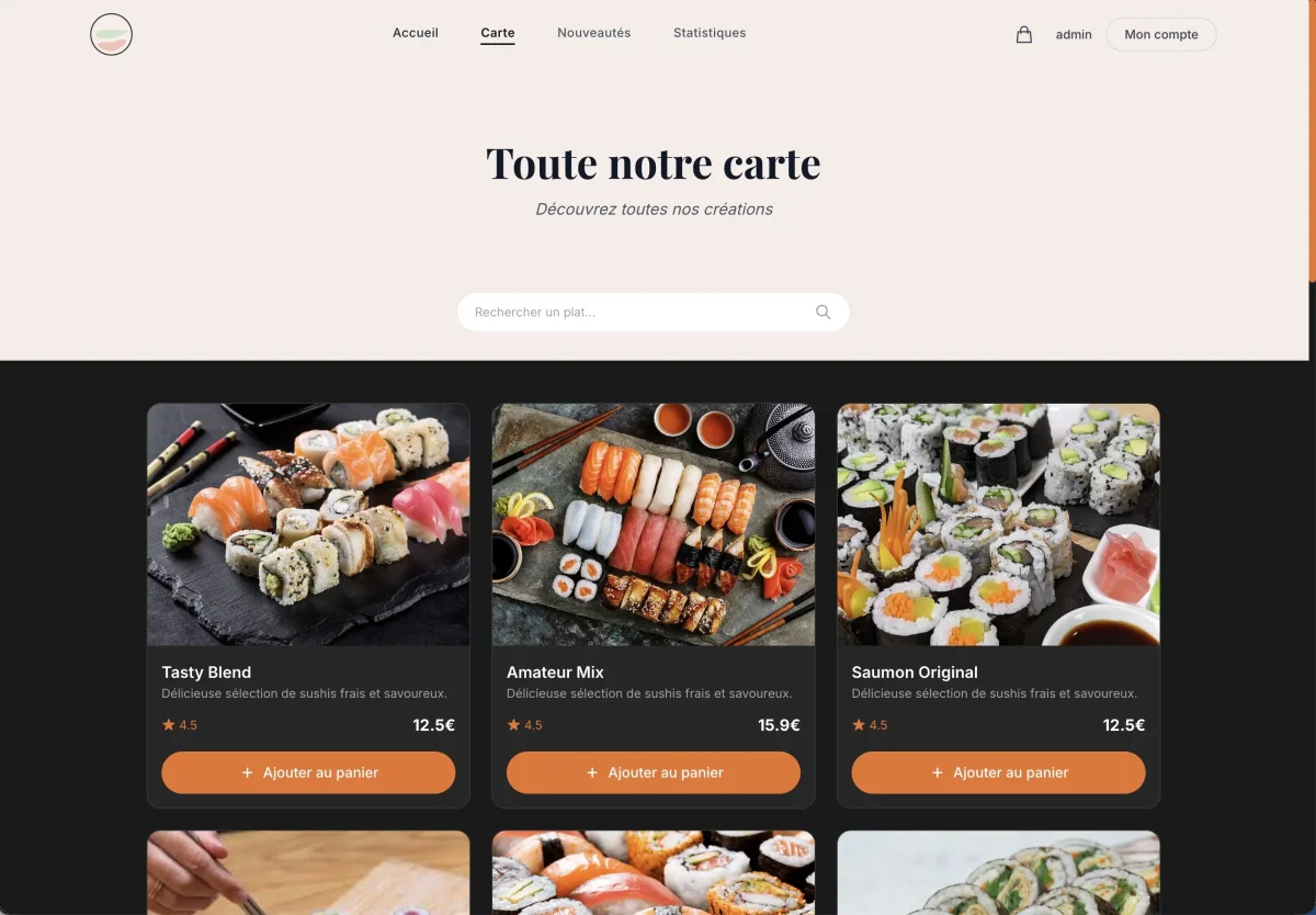 Plateforme de livraison de sushi complète avec système de commande, construite avec Angular et Tailwind CSS